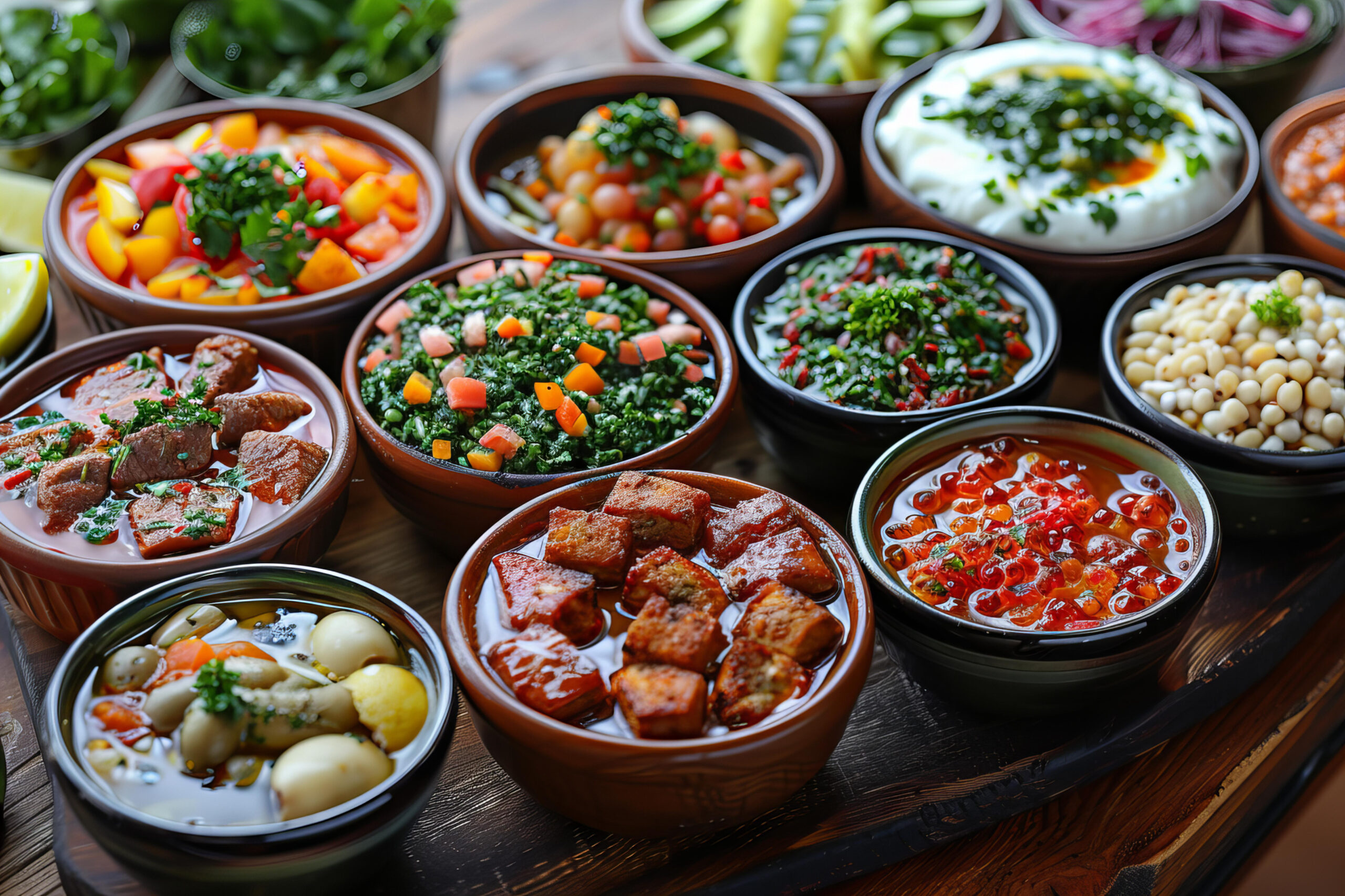 Stock photo of all mediterranean style meals included, in the style of orientalist influences, high resolution, colorful, historical significance, multilayered, melting pots, dark orange and light green, --ar 3:2 --style raw --stylize 750